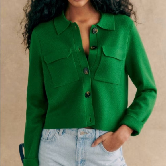 Sezane Betty Wool Cardigan Sweater Jacket Green Crochet Womens Small - Picture 7 of 7